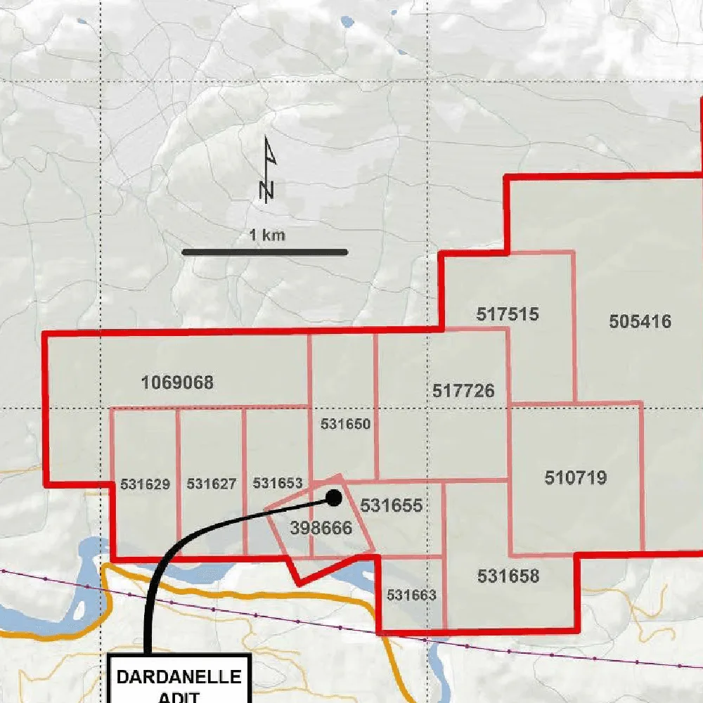 Dardanelle Project mineral claims map showing the Dardanelle adit